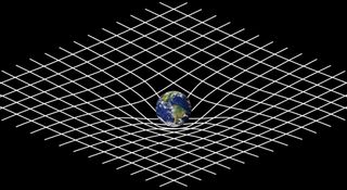 An illustration of the Earth warping a flat sheet of white crisscrossing lines.