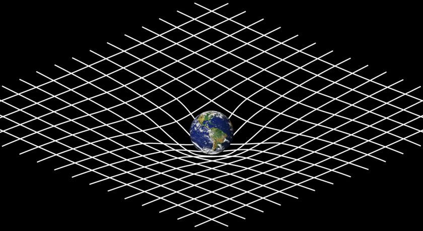 An illustration of the Earth warping a flat sheet of white crisscrossing lines.