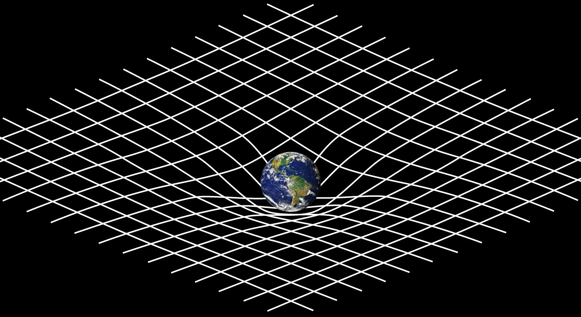 An illustration of the Earth warping a flat sheet of white crisscrossing lines.