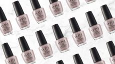 A collage of OPI's Nail Lacquer in the shade Berlin There Done That, featured in a diagonal consecutive pattern on a white and grey marbled background