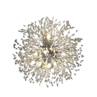 A silver circular, abstract chandelier with twinkling lights