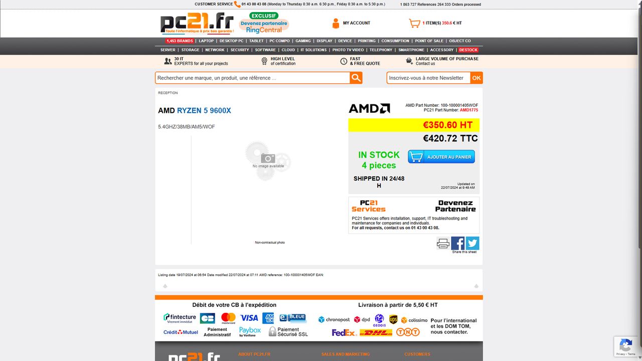 Screenshot of AMD Ryzen 5 9600X PC21.fr page