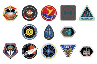 13 space mission patches sit on a white background