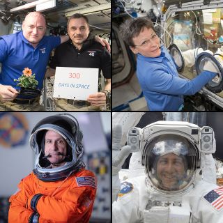 The cast and crew of the Netflix series "Away" based the Atlas crew on real space explorers' experiences, including Scott Kelly and Mikhail Kornienko (top left), Peggy Whitson (top right), Don Pettit (bottom left) and Mike Massimino, who advised the show.