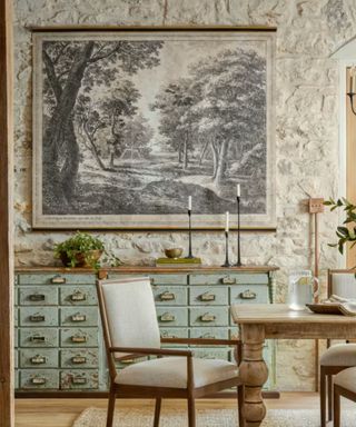 Tapestry hanging with drawers and dining table