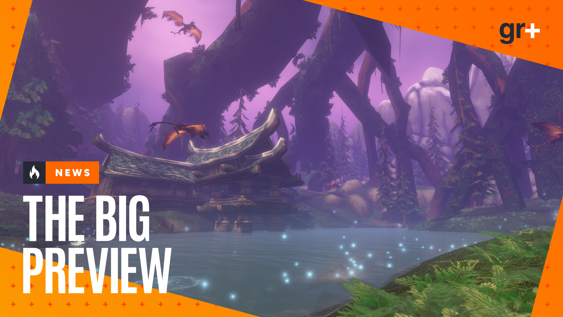 Camelot's Hyjal zone in World of Warcraft: Forever shows creatures flying around a glowing pond, with the GamesRadar+ Big Preview frame