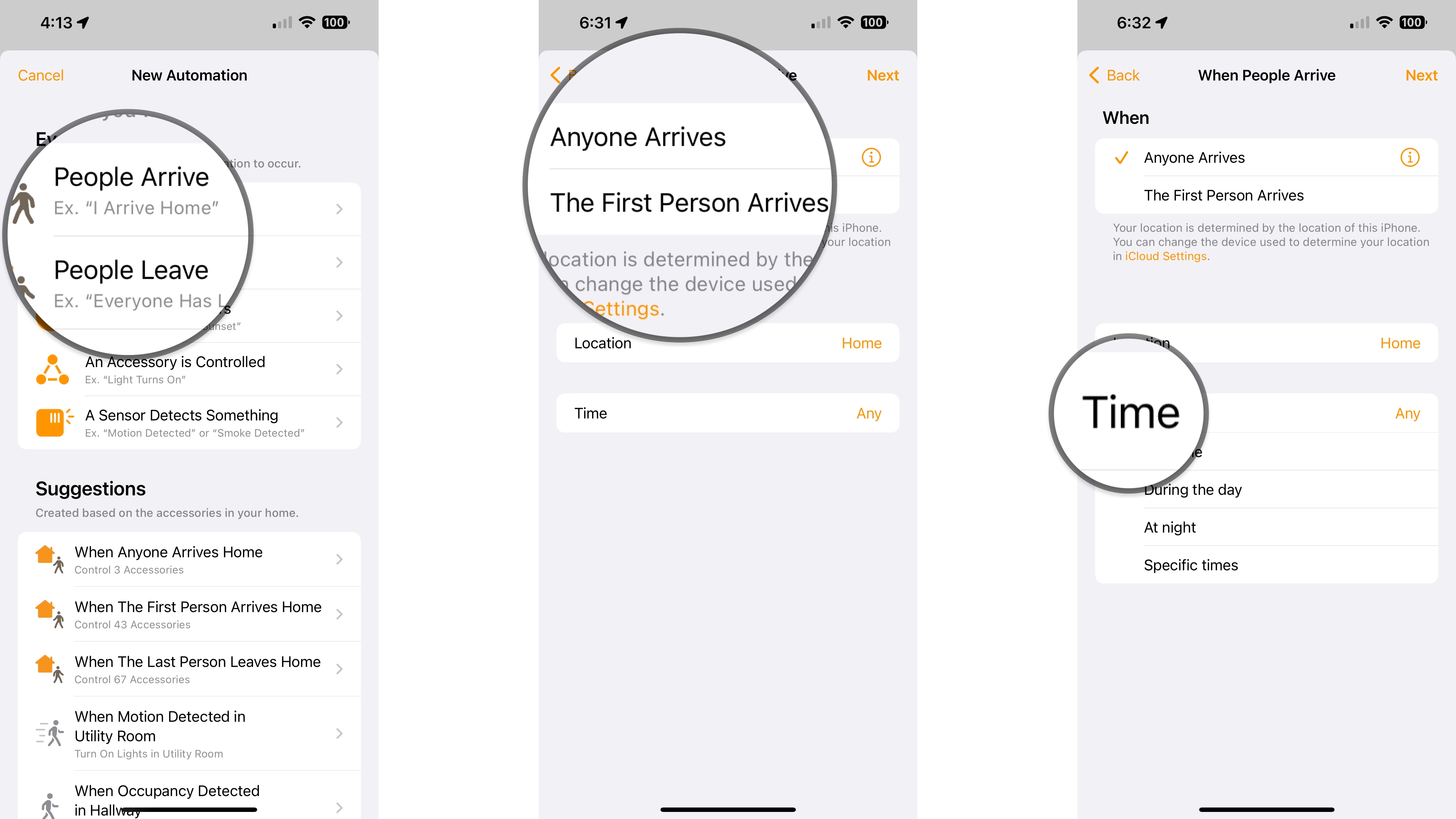 How to set up HomePod to play music when you arrive home on the iPhone by showing steps: Tap People Arrive, Tap Anyone or First Person Arrives, Tap Time.