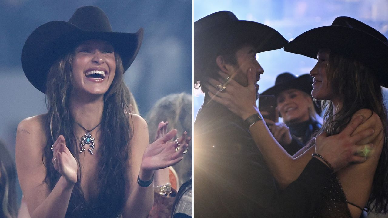 Bella Hadid wears a cowboy hat and applauds and puts her hands on her boyfriend Adan Banuelos&#039; face while watching The American Performance Horseman by Teton Ridge at Globe Life Field