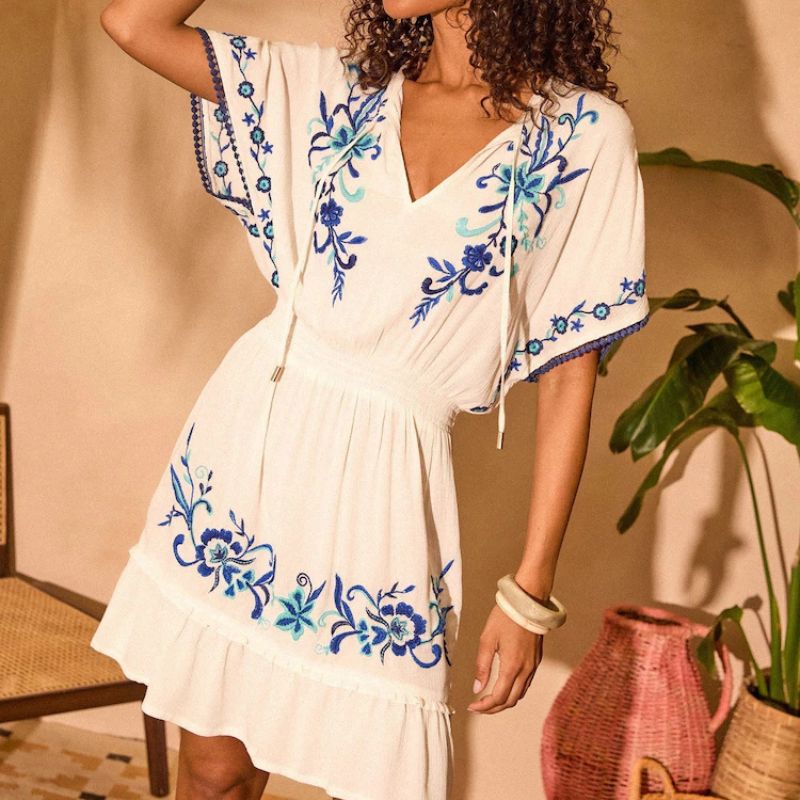 Love & Roses , White Embroidred Shirred Waist Kaftan