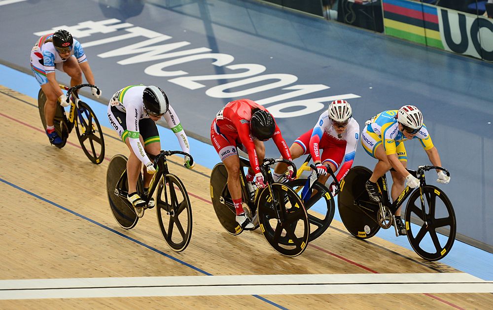 Sze Wai Lee of Hong Kong (2nd L) and Anastasiia Voinova of Russia (2nd R) crash while racing in the Women's Keirin during Day Two of the UCI Track Cycling World Championships
