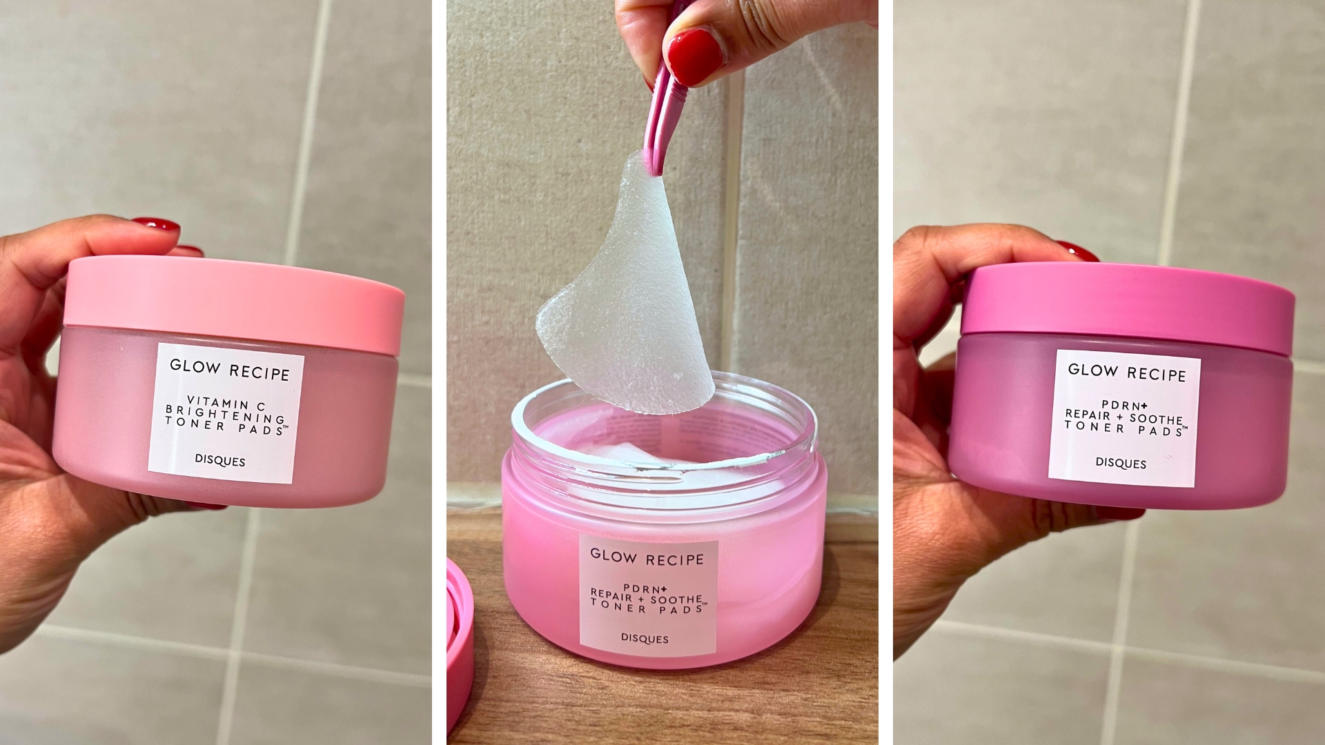 A trio of images, on the left showing a hand holding a closed tub of the Vitamin C Brightening Pads, the PDRN tub open in the middle with hand holding the round toner pad and the closed tub of the PDRN pads on the right