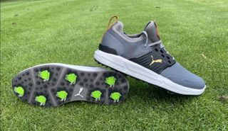 The Puma Ignite Articulate Golf Shoes on a green background