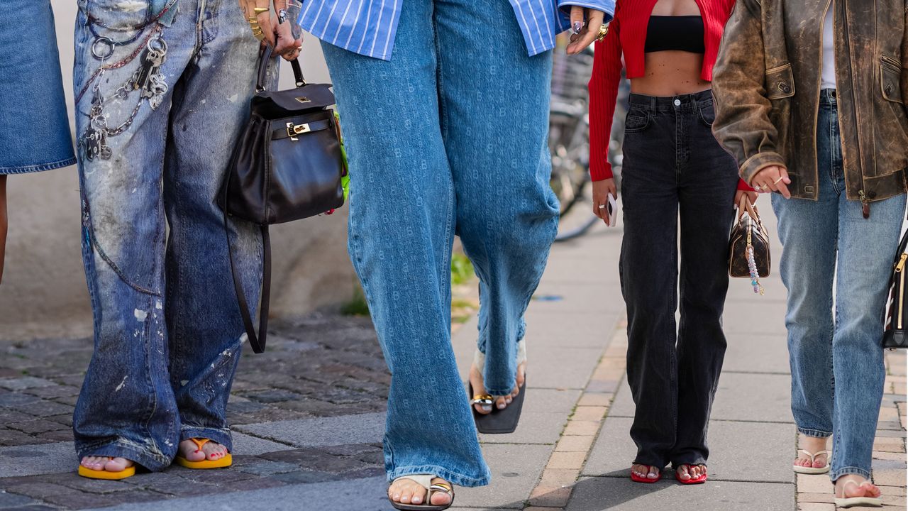 Collage of Copenhagen women wearing jeans and flip-flops.