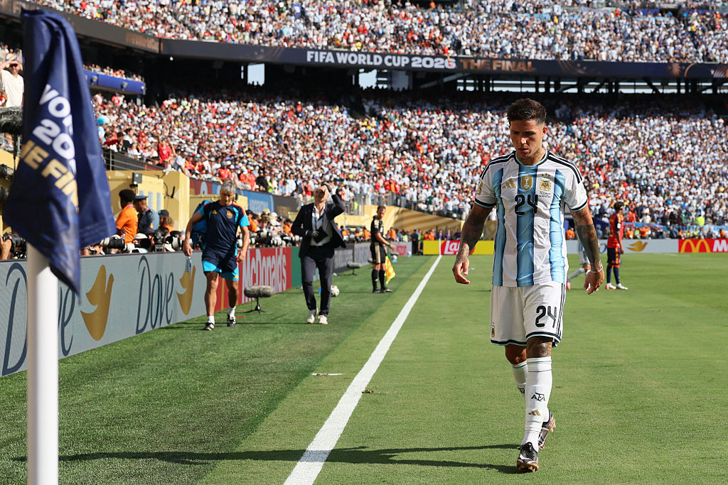 Enzo Fernandez walks off after his red card in the 2026 World Cup final