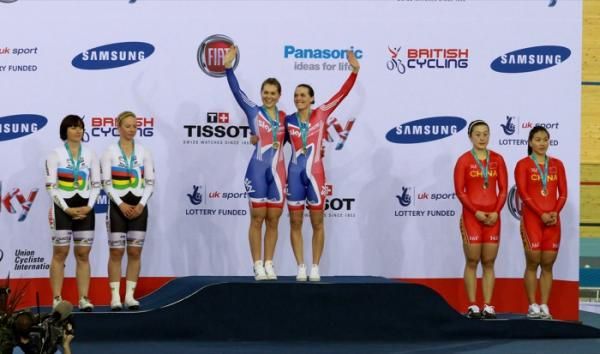 Great Britain's Jess Varnish and Victoria Pendleton on the top podium spot for the team sprint