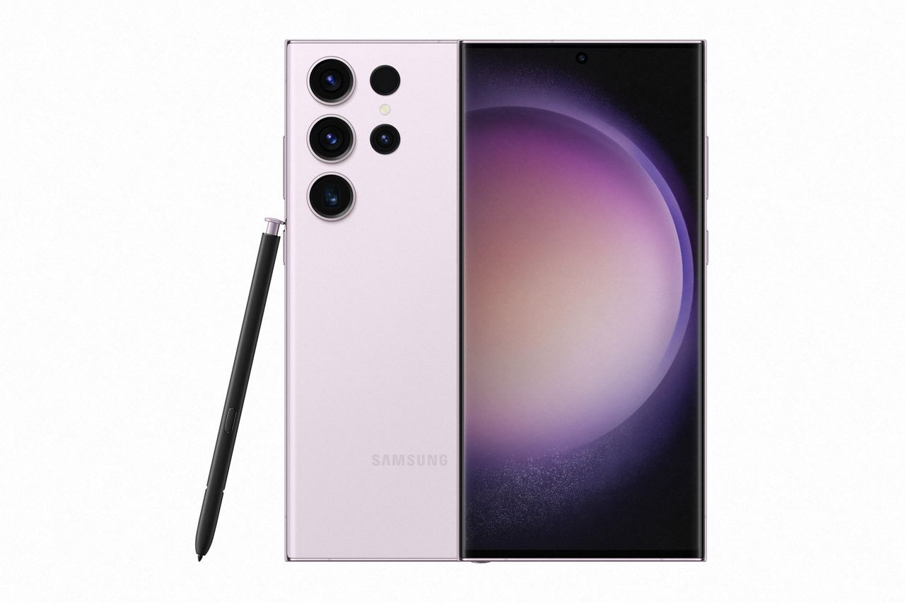 Official press images of the Galaxy S23 Ultra, in Lavender from the front and back with S Pen stylus