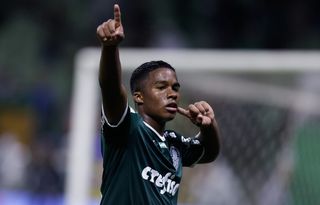 Endrick celebrates after scoring a goal for Palmeiras.