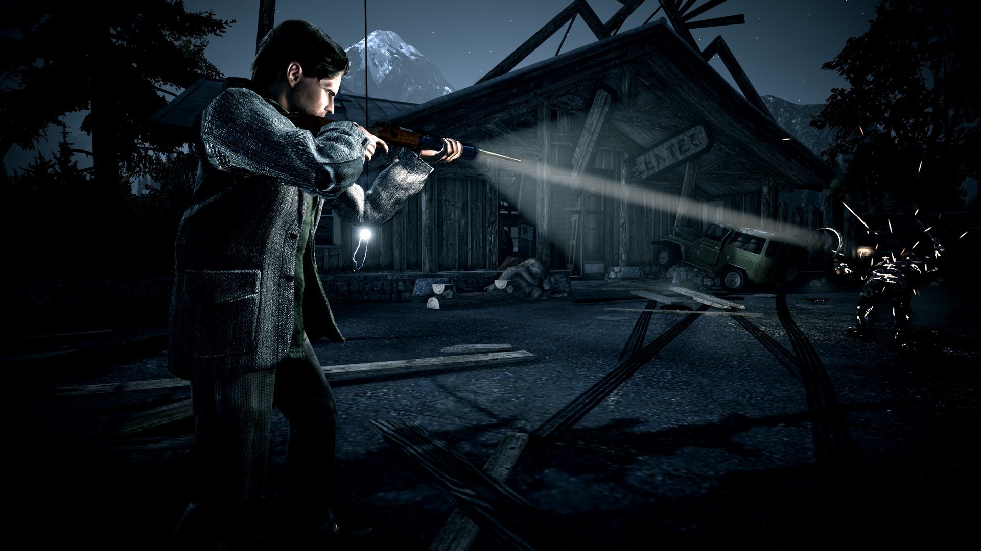 Alan Wake gameplay screenshot with protagonist firing a shotgun into the darkness