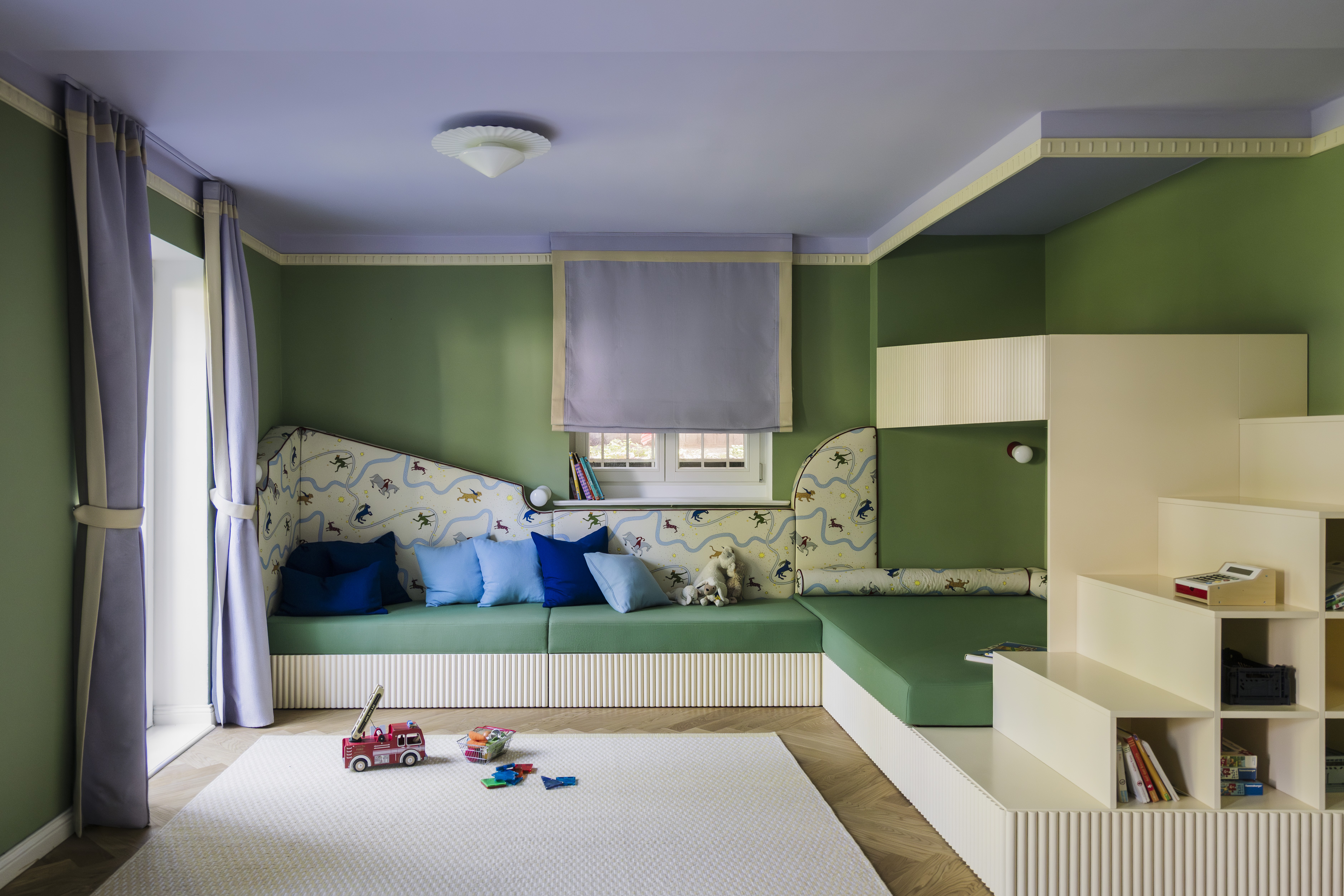 Balancedly designed interiors with plenty of natural light, pastel palettes, sculptural pieces, and curated artwork, with floor-to-ceiling walls and arched walls.