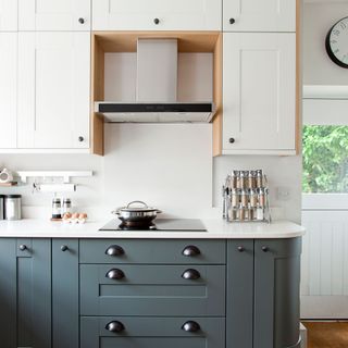 kitchen with grey cabinets and white cook top