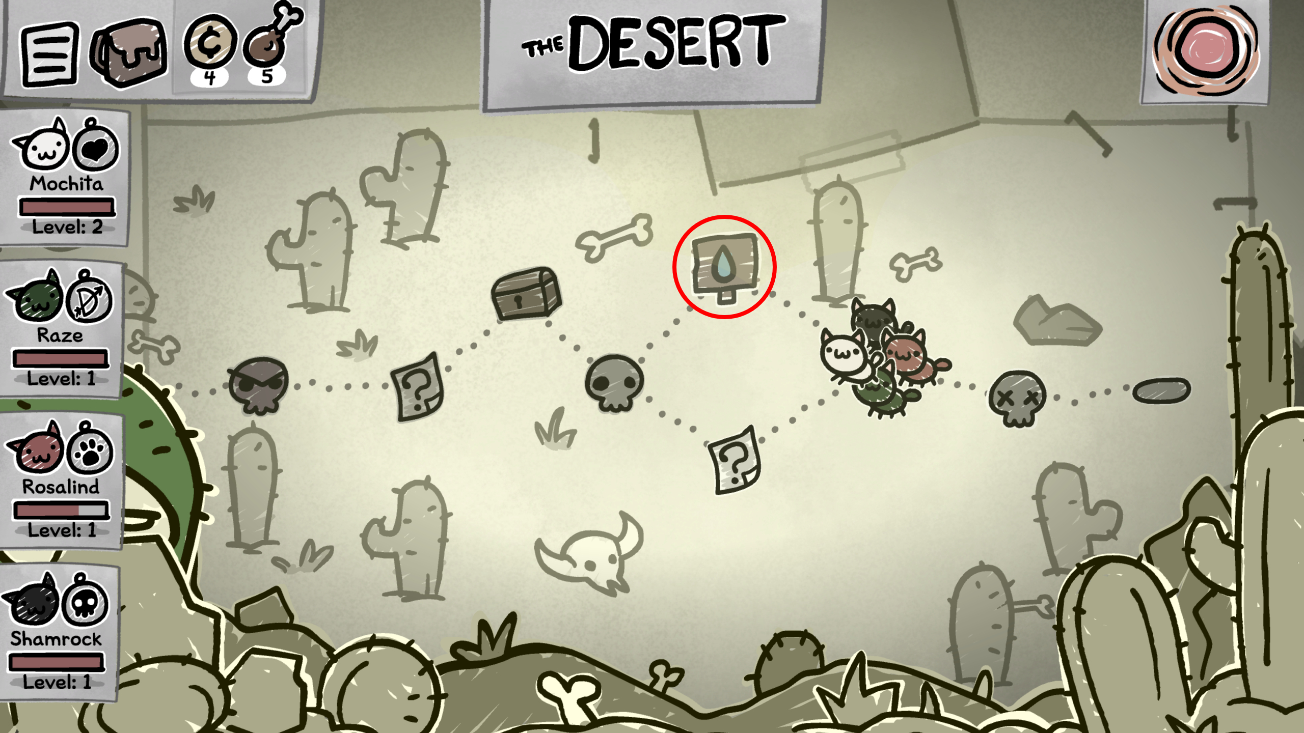 Mewgenics Desert Heat Wave: A map of the Desert stage, with a red circle drawing attention to a shop sign with a water droplet.