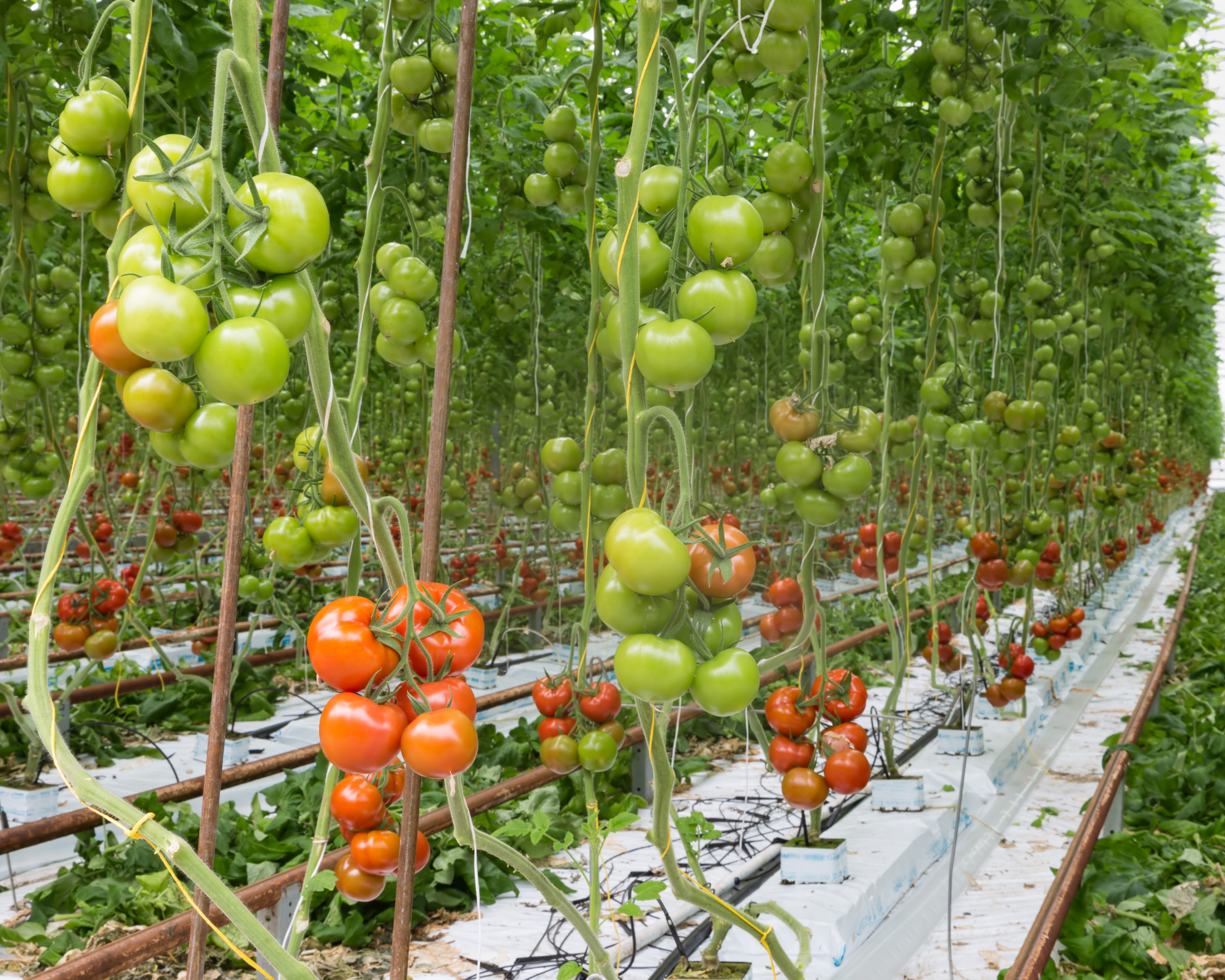 Tomatoes ripening in a big greenhouse, growing on an industrial scale with green and red tomatoes still on the pruned vines.