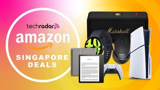 Assortment of tech on yellow and pink gradient background with Amazon Singapore Deals text