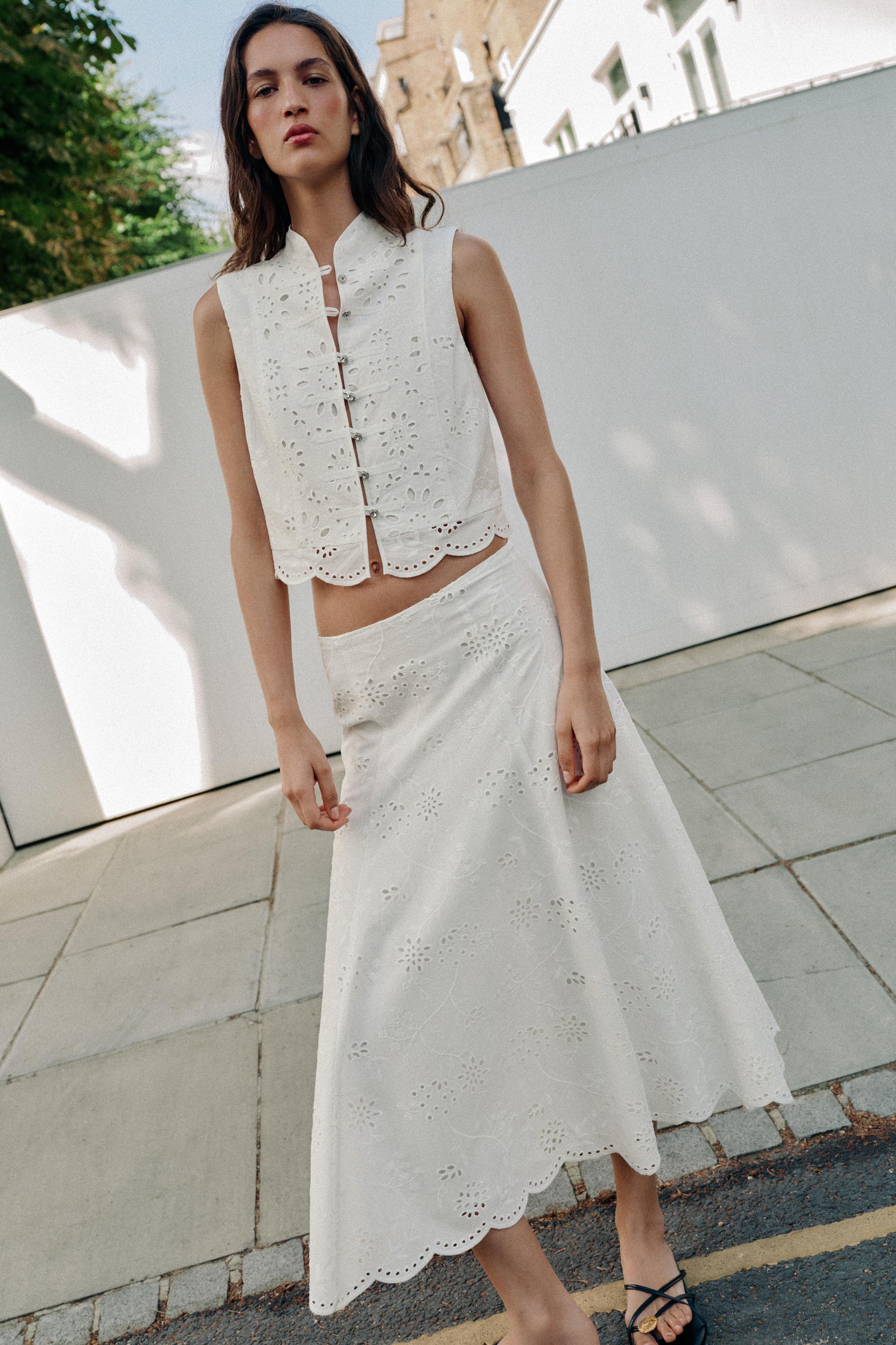 Cutwork Embroidery Midi Skirt - White - Xs