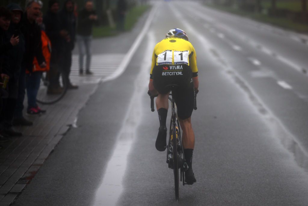 HARELBEKE BELGIUM MARCH 22 Wout van Aert of Belgium and Team Visma Lease a Bike competes in the chase with heavy rain during the 67th E3 Saxo Bank Classic Harelbeke 2024 a 2076km one day race from Harelbeke to Harelbeke UCIWT on March 22 2024 in Harelbeke Belgium Photo by Tim de WaeleGetty Images