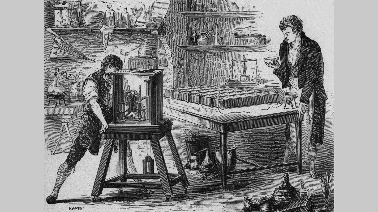 engraving of Humphry working on alkalis experiment