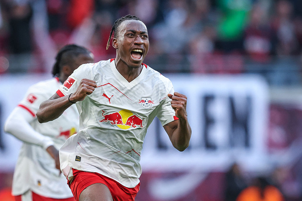 Liverpool target Yan Diomande celebrates after scoring the 1-1 goal during the Bundesliga football match between RB Leipzig and Augsburg in Leipzig, eastern Germany, on March 7, 2026.