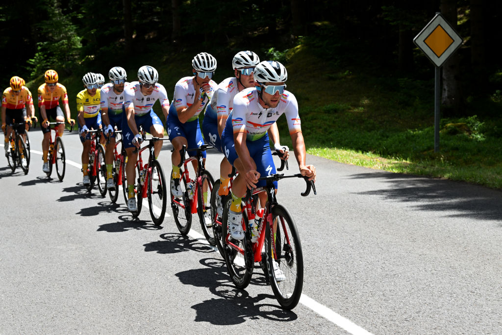 CHASTREIXSANCY FRANCE JUNE 07 Sandy Dujardin of France and Team Total Energies leads his teammates during the 74th Criterium du Dauphine 2022 Stage 3 a 169km stage from SaintPaulien to ChastreixSancy 1391m WorldTour Dauphin on June 07 2022 in ChastreixSancy France Photo by Dario BelingheriGetty Images