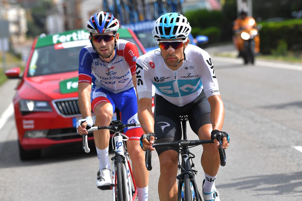 Benjamin Thomas (Groupama-FDJ) and Jonathan Castroviejo (Team Sky) in the breakaway during stage 19 at the Vuelta