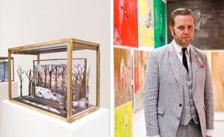 Left Image: White wall, two solid white viewing blocks with wooden framed glass boxes, landscape model of trees and snowy ground inside Right Image: Kjartansson wearing a light grey pinstripe suit, white shirt, black tie and bright pink handkerchief in top right pocket, stood in front of colourful wall art as a blurred backdrop