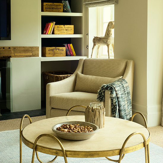 family room with blind fabrics armchair and Ingrid rug