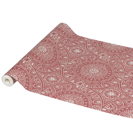 printed red wallpaper with geometric pattern