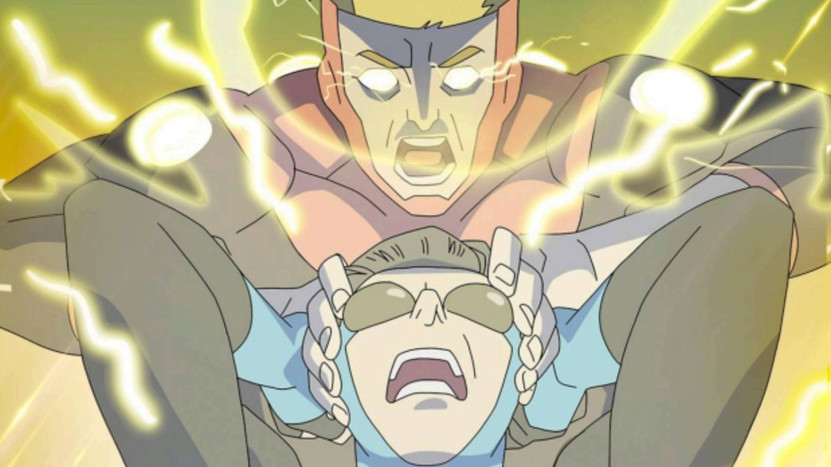 Invincible Season 3 key art of Powerplex electrocuting Mark in episode 6