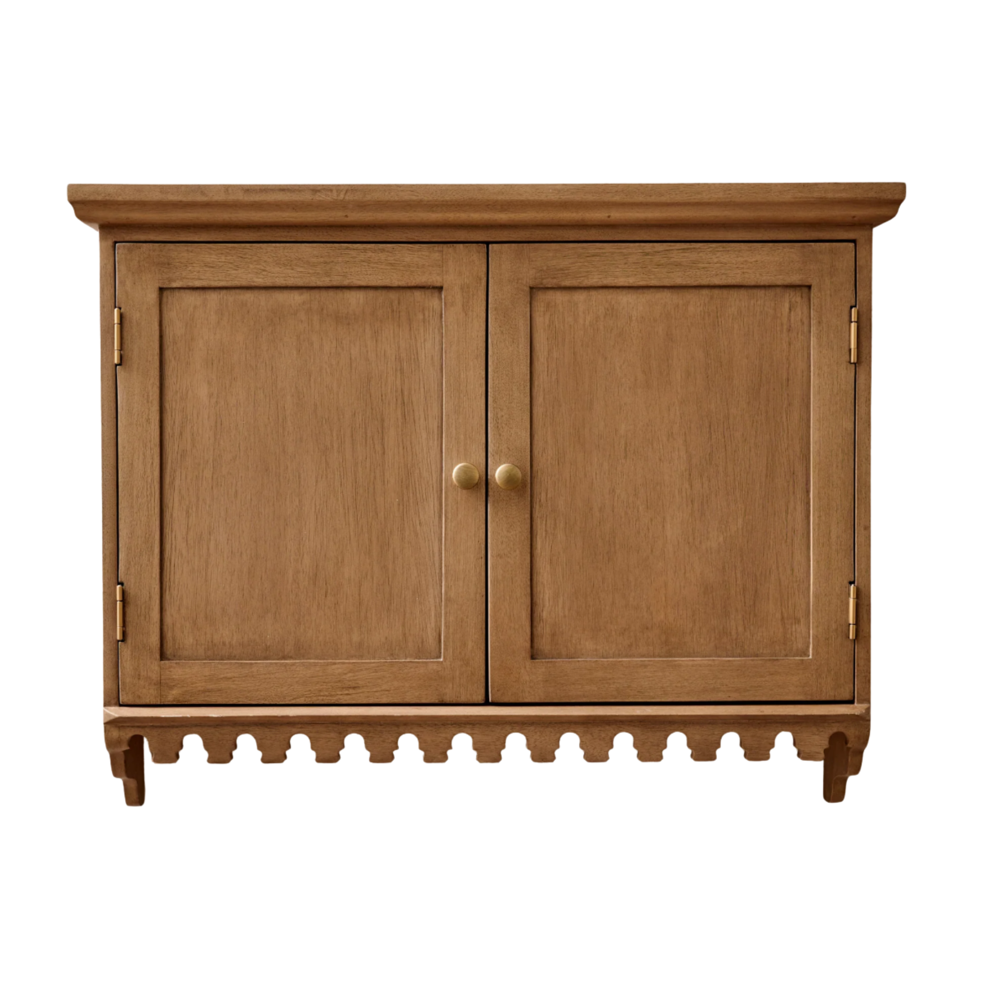 a wooden wall cabinet with two doors and a scalloped trim bottom