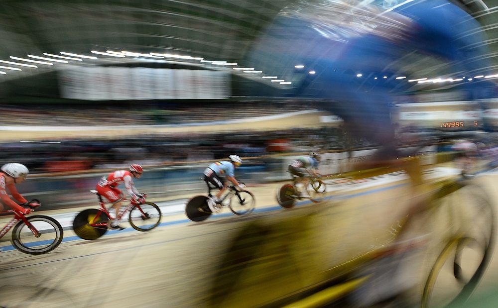 Cyclists compete during the Men's Points Race 40 km at the UCI Track Cycling World Championships in Pruszkow, Poland