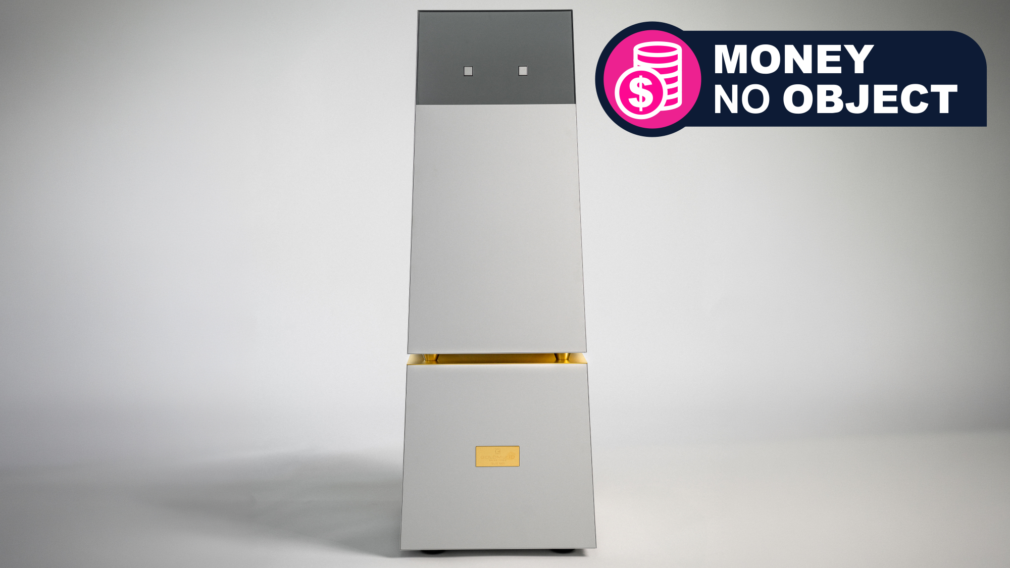 Goldmund's Telos 9800 amplifier on a grey background, with TR's 'Money No Object' franchise badge