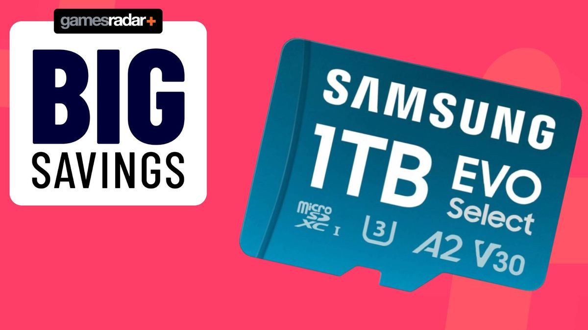 Image of the Samsung EVO Select 1TB microSD card on a pink GamesRadar background.