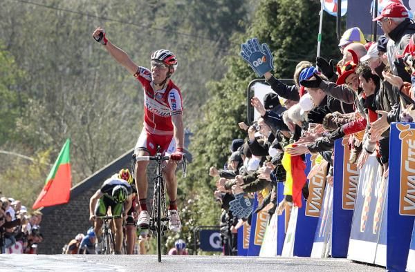 Joaquim Rodriguez (Katusha) celebrates after winning the 2012 Fleche Wallonne