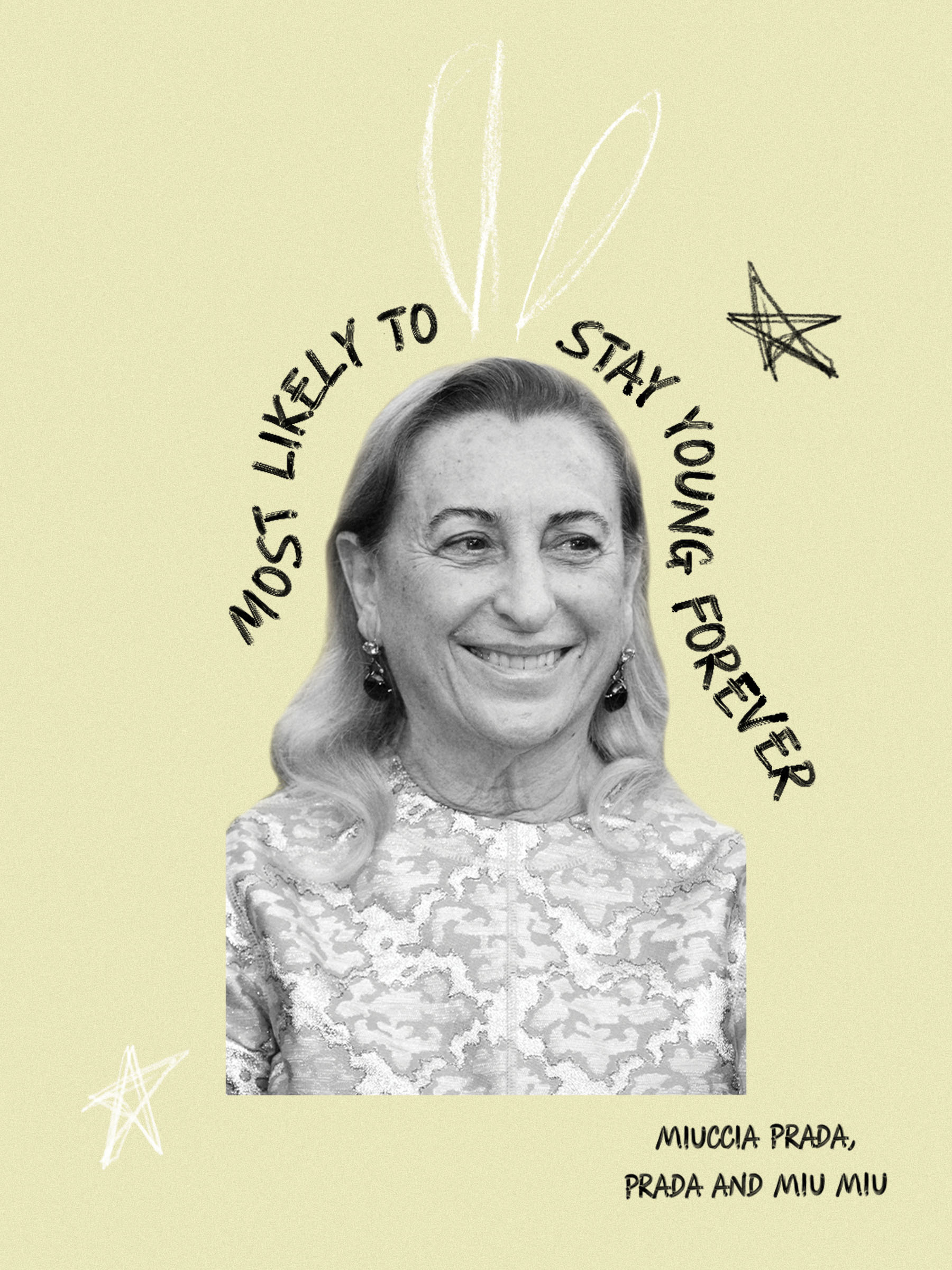 Miuccia Prada attends "The Killing Of A Sacred Deer" premiere during the 70th annual Cannes Film Festival. On the slide, it says, "Most Likely to Stay Young Forever."