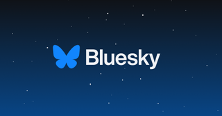 The Bluesky logo over an illustration of a starry night sky.