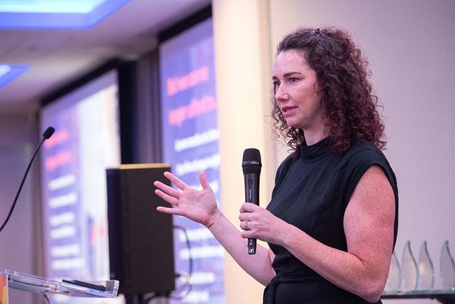 Laura Grover, head of client solutions at EDO, speaks during the &ldquo;Marketer Case Study: Creative Rotation Optimization with the University of Phoenix&rdquo; session.