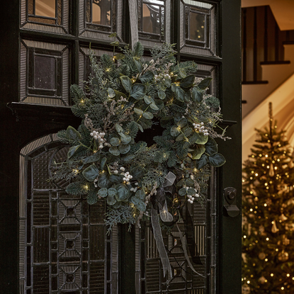 Eucalptus wreath on partially open front door revealing a Christmas tree in the back ground