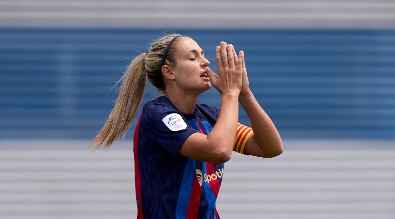 Barcelona Femeni&#039;s Alexia Putellas reacts during defeat to Madrid CFF in Spain&#039;s Liga F in May 2023.