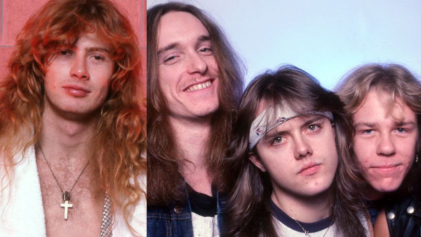 Dave Mustaine of Megadeth in 1987, and James Hetfield, Lars Ulrich and Cliff Burton of Metallica in 1985