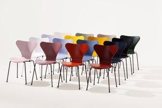 Arne Jacobsen chairs in different colours set up in a 4 x 4 square