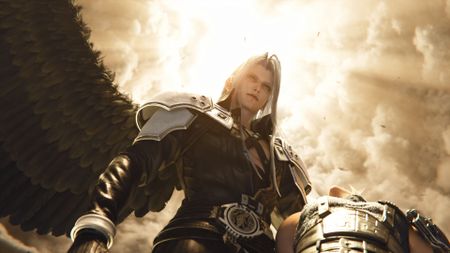 With one black wing open, Sephiroth descends from a cloudy sky in Final Fantasy 7 Revelation